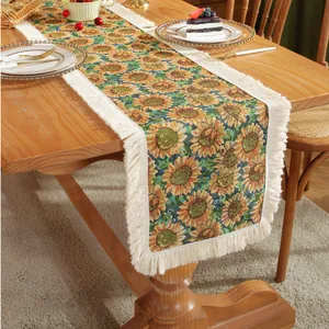 American retro table runner with sunflower jacquard pattern and white tassel fringe décor