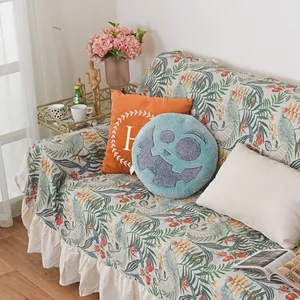 Tropical palm leaf and parrot pattern sofa cover with elegant ruffle edge trim