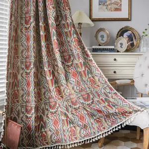 Bohemian style colorful geometric polyester curtain with cotton tassels for home decor
