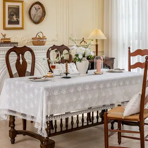 French style white rectangular lace tablecloth with intricate floral embroidery and scalloped edges