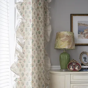 Floral ruffles curtain in vintage country style with green botanical patterns on beige fabric