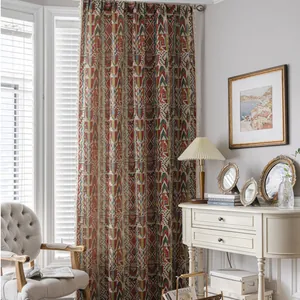 Detail of American retro floral jacquard curtain featuring delicate cream tassel fringe