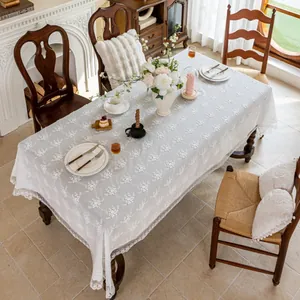 Elegant white French style tablecloth with 3D floral embroidery and wavy lace edges