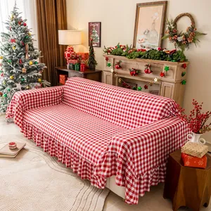 Christmas red and white plaid sofa cover with ruffle hem for 3-seater couch decor