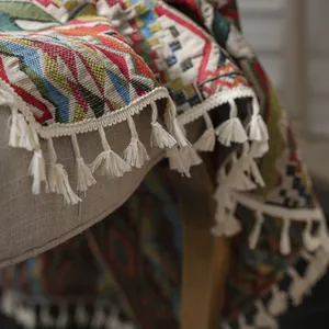Bohemian geometric pattern curtain with tassels made of textured polyester cotton blend