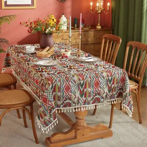 Boheems Geometrisch Jacquard Tafelkleed Met Kwastjes Vintage Etnisch Zonnebloem Patroon Katoenmix Stof Tafelkleed Voor Dineren Feest Thuis Decor