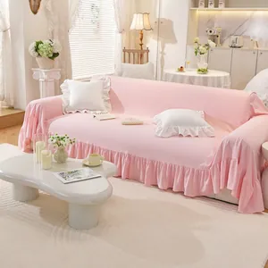 Pink ruffled sofa cover in breathable cotton with elegant skirt for living room decor