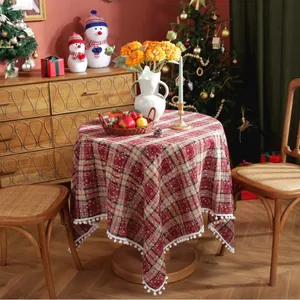 Tovaglia Plaid Natalizia Con Stampa Fiocchi Di Neve E Bordo Con Pompon Vintage Rettangolare Rotonda Copertura Tavolo Per Decorazione Casa Pranzo Vacanze