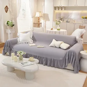 Detail of light purple sofa cover with ruffle edge in minimalist Nordic interior design