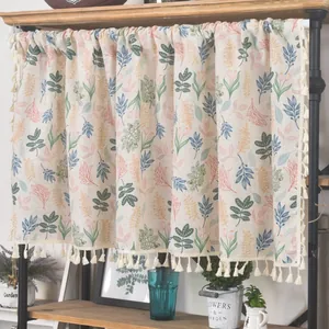 Floral print cafe curtain with fringe tassels, cotton linen short drapes for kitchen windows