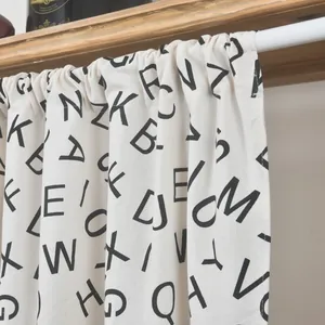 Modern minimalist cafe curtain with black letters printed on beige cotton linen fabric
