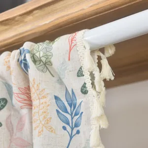 Short curtain with colorful leaf patterns and tassels for Nordic home decor styles