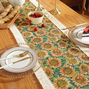 Retro sunflower jacquard table runner with white tassels for American style home decor