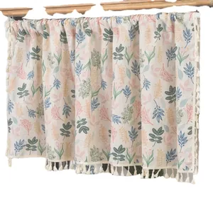 Floral cotton linen cafe curtain with tulip pattern and tassels for window decor
