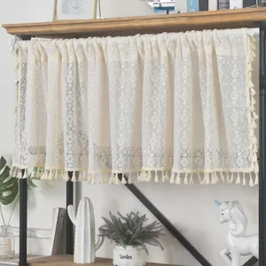 Beige hollow lace short curtain with fringe tassels for kitchen windows and cabinets