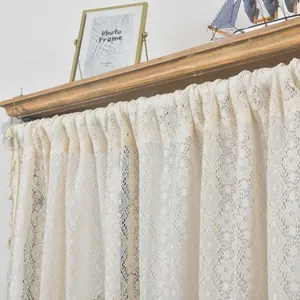 Beige hollow lace short curtain with floral crochet patterns and tassel trim for kitchen