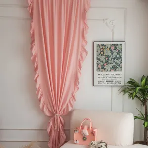 French Princess Style Ruffle Edge Cotton Linen Curtains Semi Shading Pink White Grey Drape For Bedroom Wedding Decor
