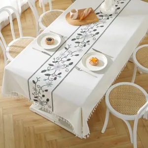 Waterproof rectangular tablecloth with blue floral embroidery and tassel edge for dining table