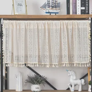 Beige hollow lace short curtain with fringe tassels for kitchen cabinets and windows