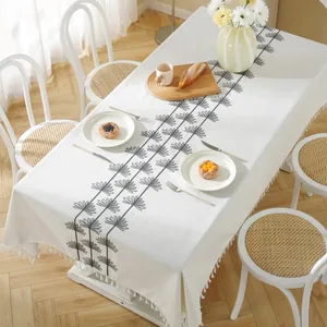 Waterproof rectangular tablecloth with geometric floral embroidery and white tassels