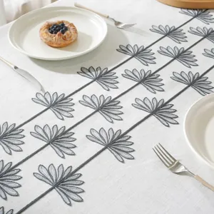 Detail of waterproof tablecloth with 3D palm leaf embroidery and premium linen texture
