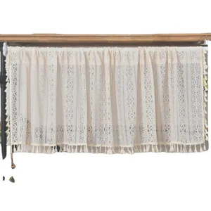 Beige hollow lace kitchen curtain with tassels for windows and cabinets in minimalist style