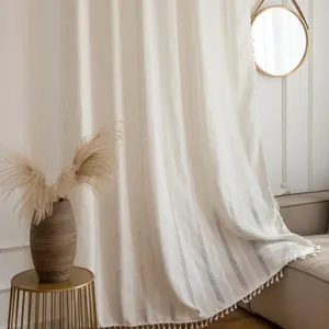 Beige cotton linen curtain with hollow jacquard patterns and tassel trim for bedroom