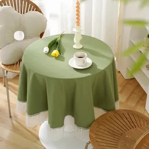 Minimalist grass green round cotton tablecloth with white lace trim for home decor