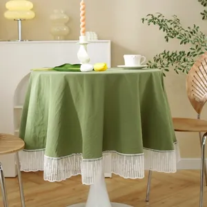 Olive green round cotton tablecloth with white lace edges for Nordic home dining decor