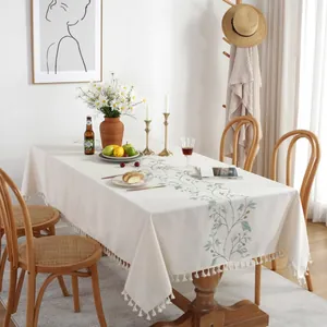 Country floral linen tablecloth with green vine embroidery and fringe tassels