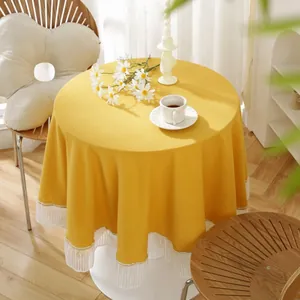 Ginger yellow round tablecloth with white mesh lace edge for minimalist home dining decor