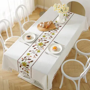 White waterproof tablecloth with floral embroidery and tassel fringe for dining tables