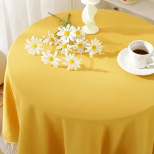 Minimalist bright yellow round tablecloth with white lace edges for home and weddings