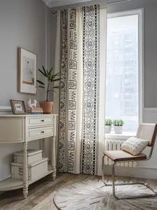 Close-up of black and white geometric tribal patterns on linen blend curtains for bedroom