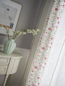 Detail of floral embroidery and beige lace trim on linen texture semi-blackout curtain