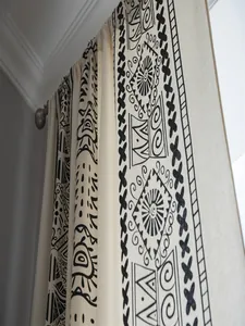 Detailed view of bohemian black and white geometric pattern on cotton linen curtains