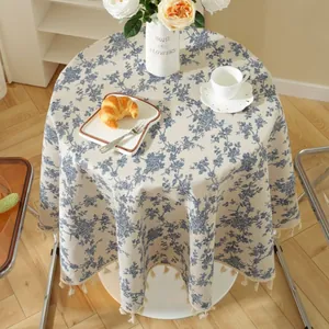 Blue floral cotton linen round tablecloth with elegant white fringe tassels for dining table