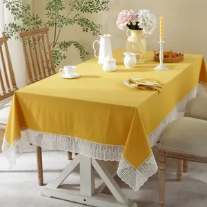 Franse Stijl Gewassen Katoen Tafelkleed Met Elegante Kant Effen Kleur Minimalistische Tafelkleed Voor Huis Keuken Esthetische Decoratie