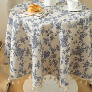 Blue floral cotton linen round tablecloth with fringe tassels for dining decor