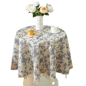 Blue floral cotton linen round tablecloth with tassels for rustic home decor