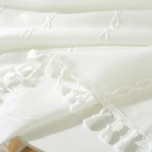 Detail of white jacquard tablecloth featuring geometric embroidery and delicate edge tassels