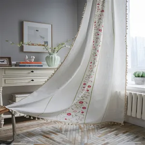 Leinen Vorhang mit Blumenstickerei und Quasten für Schlafzimmer halbverdunkelnd Dekoration
