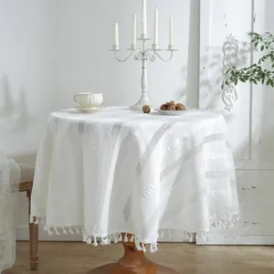 Detail of white round tablecloth featuring hollow woven patterns and elegant tassels