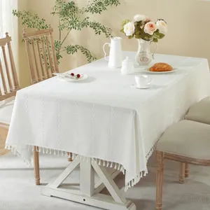 Nordic Style Cotton Linen Tablecloth Rectangular Braid Jacquard Table Cover With Tassel Edge For Dining Kitchen Home Decor