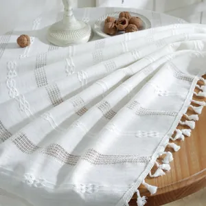 Close-up of white jacquard tablecloth with textured tassels and hollow-out details