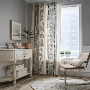 Nordic boho curtains with black geometric sun patterns on beige cotton linen fabric