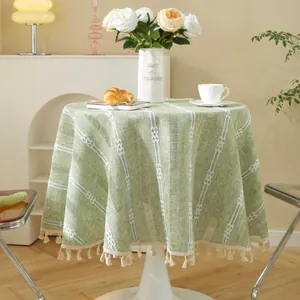Green jacquard round tablecloth with white stripes and elegant tassels for home decor