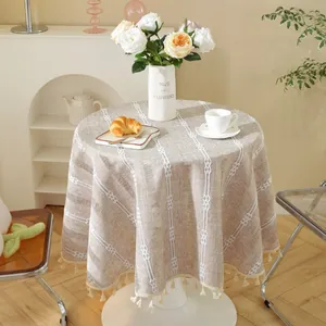 Detailed close-up of green Jacquard round tablecloth featuring hollow texture and elegant tassels