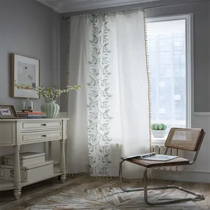 Pastoral Floral Embroidery Cotton Linen Curtains With Tassel Semi Blackout Rod Pocket Hook Grommet Window Drapes Decor