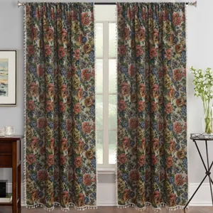 Vintage Jacquard Rose Flower Ethnic Tassel Curtains For Bedroom Living Room Semi Blackout Polyester Cotton Blend Window Drapes